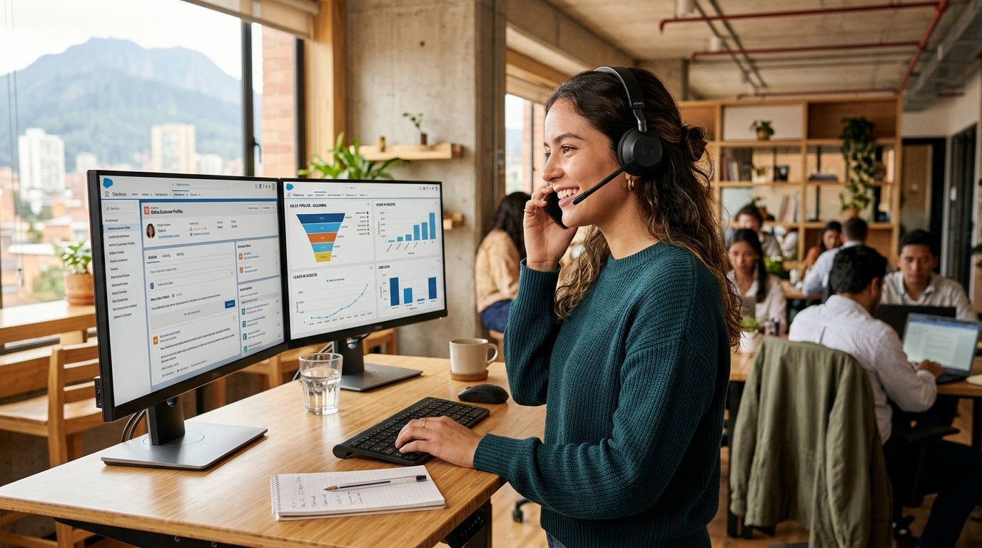 Latin American SDR on a sales call at a nearshore outsourcing company, CRM dashboard visible on dual monitors, Bogotá office