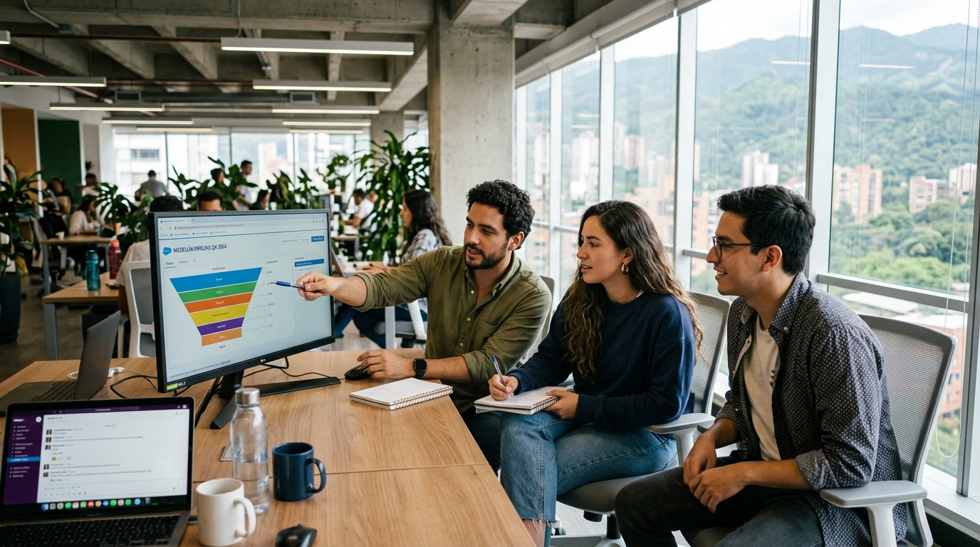 Latin American sales development representatives reviewing pipeline data at a nearshore outsourcing office in Medellín, Colombia