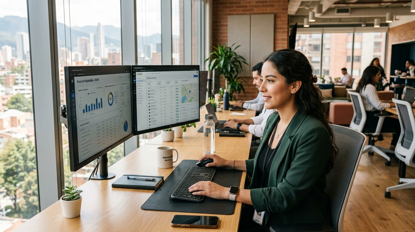 Latin American virtual assistant working at a modern desk with dual monitors — top countries for hiring VAs in 2026
