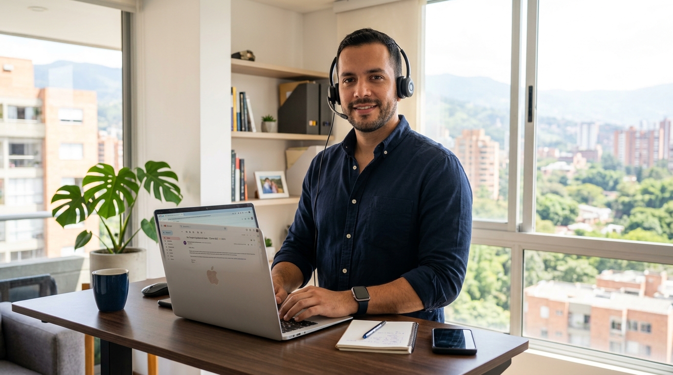 Latin American virtual assistant on a headset working US business hours from a home office in Colombia