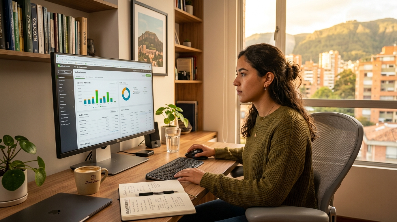 Colombian virtual assistant reviewing QuickBooks accounting data in a modern home office in Bogotá, Colombia