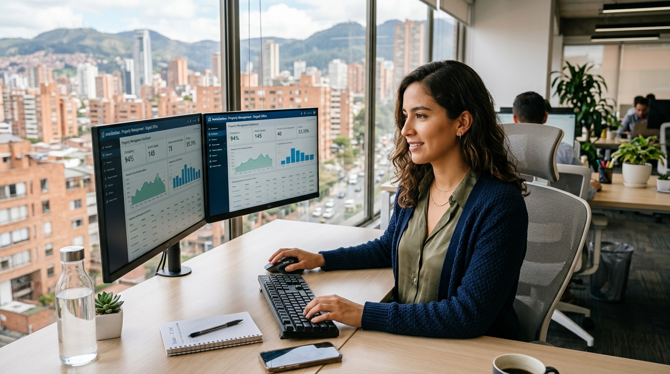 Latin American virtual assistant reviewing a property management dashboard on dual monitors in a bright professional home office, 2026