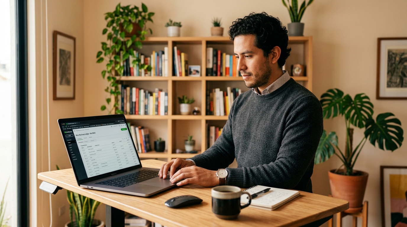 Latin American virtual assistant reviewing a QuickBooks ledger on a laptop in a modern home office, nearshore VA 2026