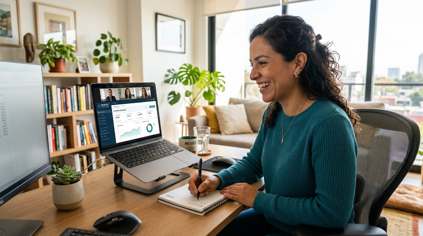 Nearshore Latin American virtual assistant on a video call with a US property management client, reviewing leasing data in 2026