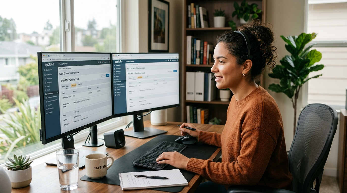 Nearshore virtual assistant for property managers reviewing AppFolio work orders on dual monitors in a Latin American home office