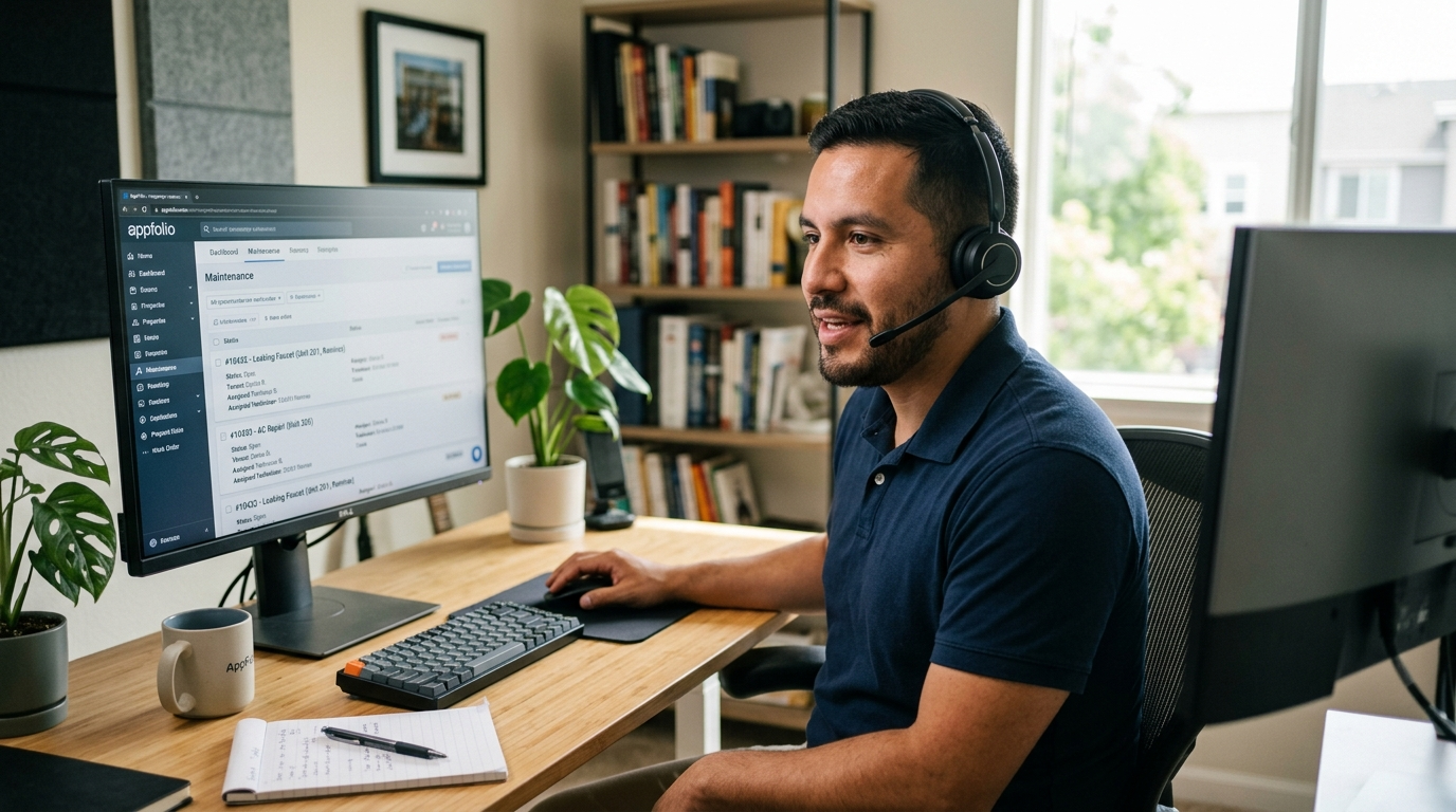 Nearshore property management VA handling tenant communication via headset with AppFolio maintenance screen open