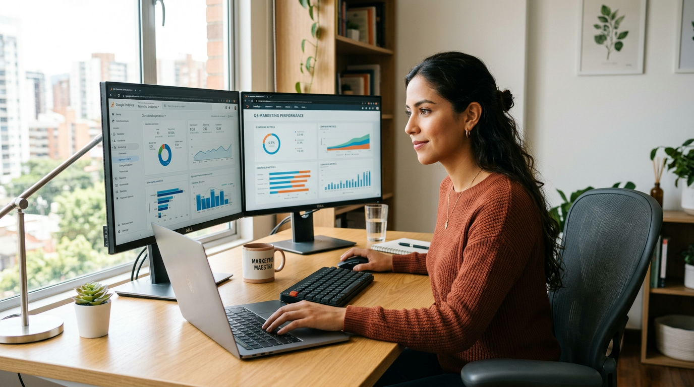 Nearshore Latin American virtual assistant reviewing UK marketing team analytics dashboards on dual monitors in a modern home office