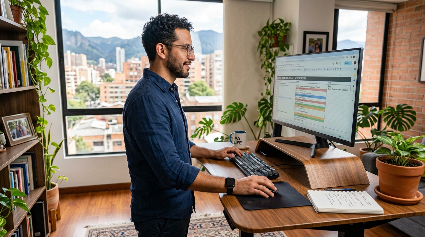 Nearshore virtual marketing assistant reviewing a UK client's social media content calendar and scheduling dashboard