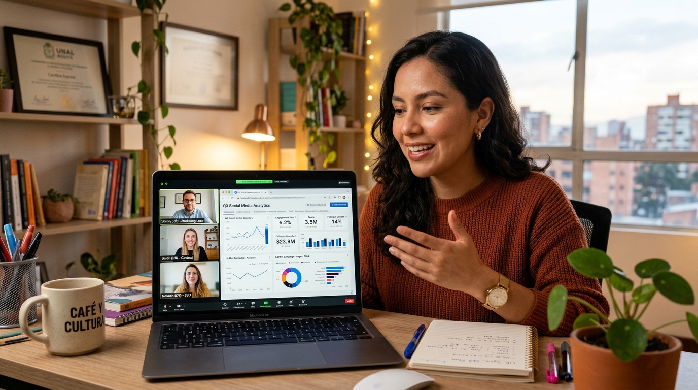 Nearshore virtual marketing assistant on a live video call with UK marketing team, reviewing campaign analytics in real time