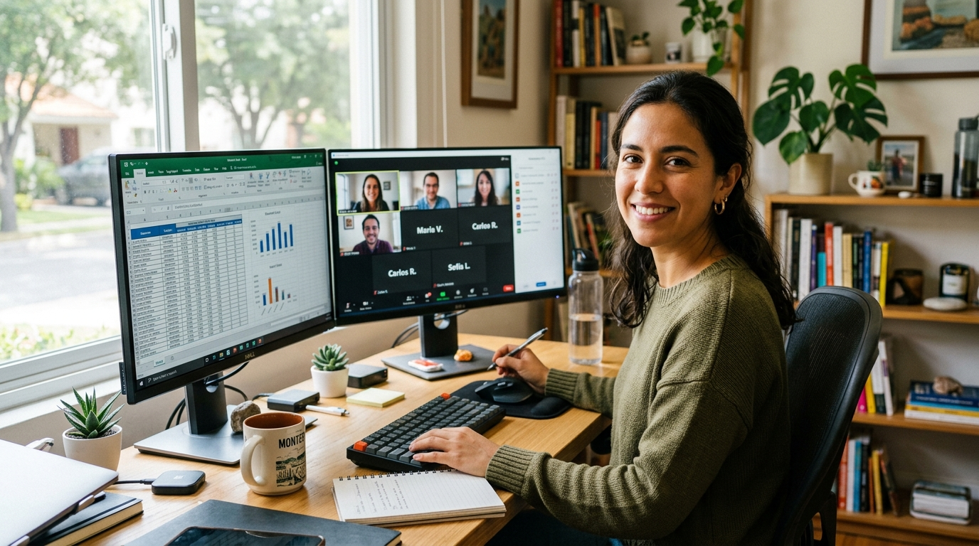 Nearshore VA at dual-monitor home office comparing VA agency vs freelancer options for a US business client in 2026