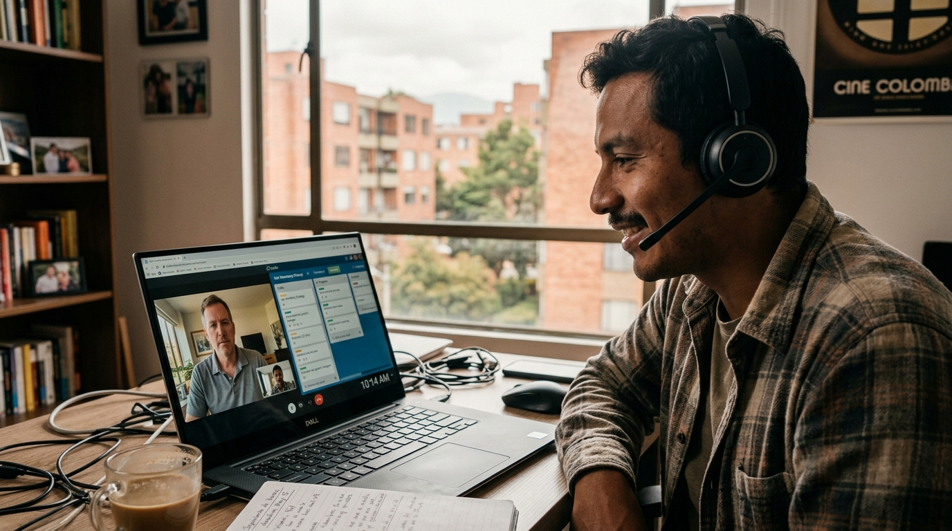 Nearshore VA on video call with US client, laptop showing task dashboard — VA agency vs freelancer comparison 2026