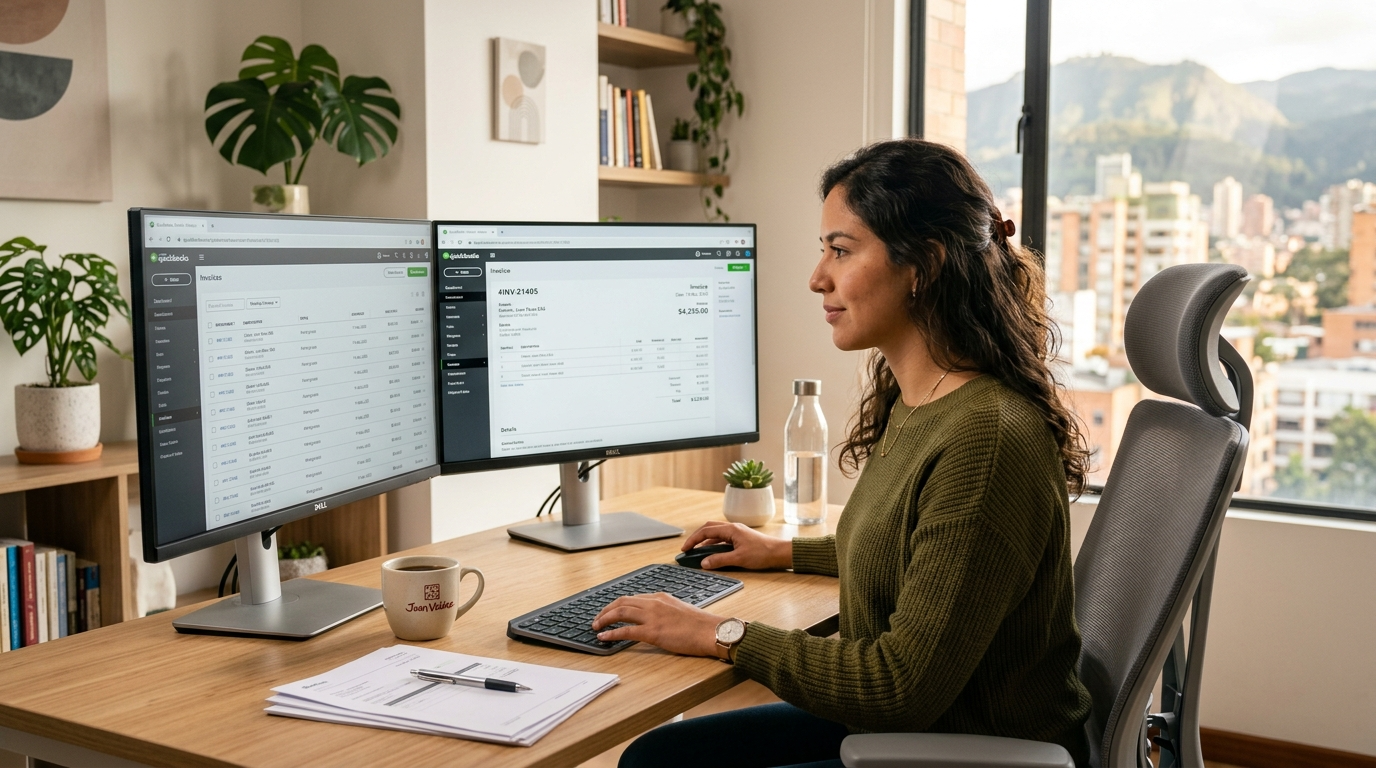 Nearshore virtual accounts payable specialist reviewing vendor invoices in QuickBooks at a modern Latin American home office