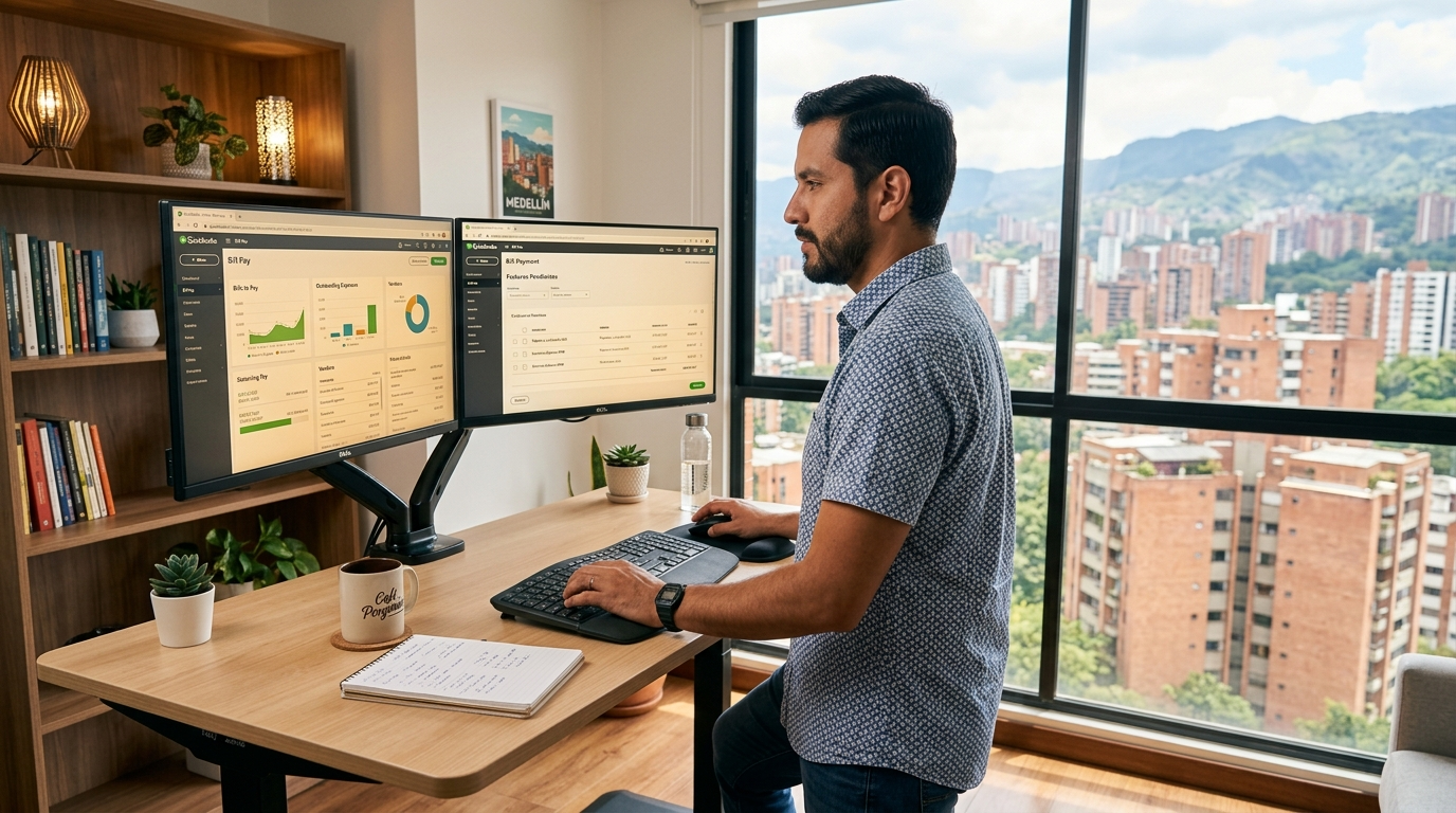 Nearshore virtual accounts payable VA working in QuickBooks bill-pay dashboard during US business hours from Latin America