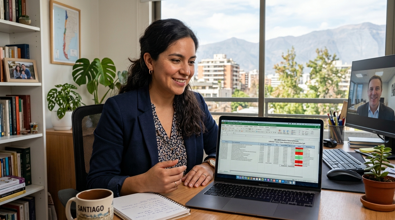 Nearshore virtual AP specialist in Latin America on video call with US business client reviewing invoice reconciliation in real time