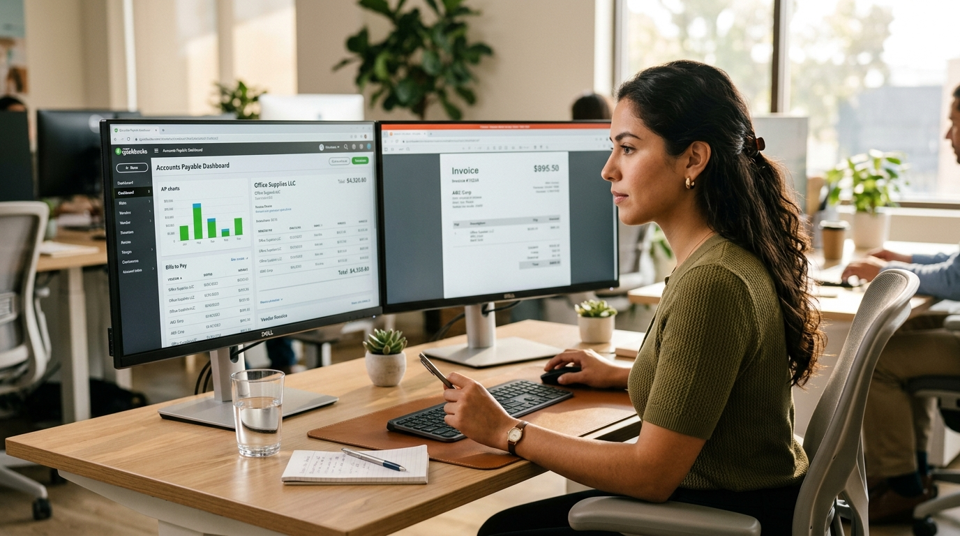 Latin American virtual accounts payable specialist reviewing invoices on a QuickBooks dashboard at a bright modern desk