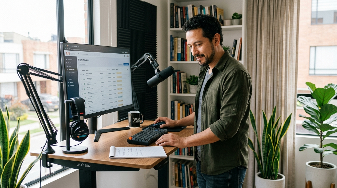 Nearshore virtual accounts payable specialist processing vendor payments in Bill.com on a large monitor