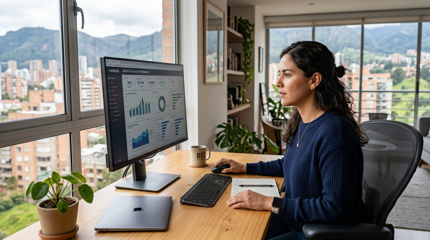Latin American virtual assistant at her home office desk reviewing a business dashboard — virtual assistant agency vs freelancer comparison 2026