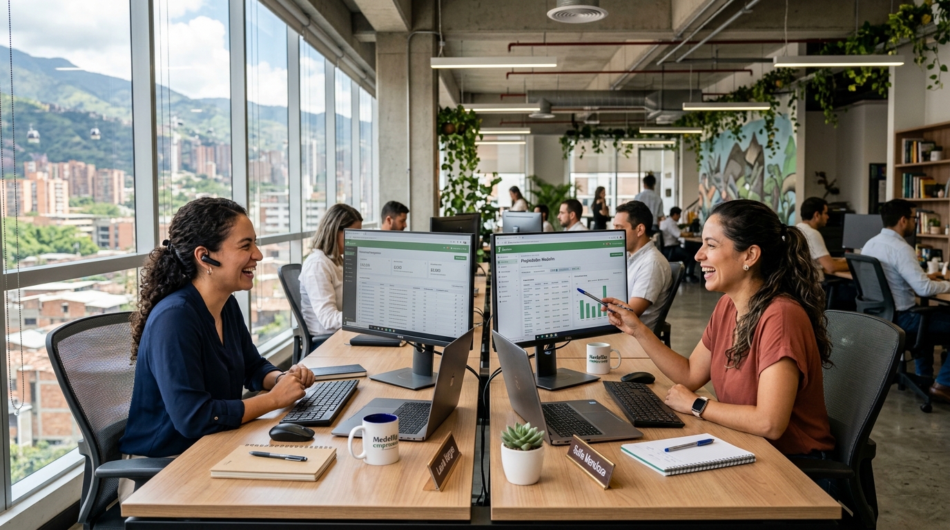 Nearshore virtual assistants in a Latin American office collaborating on property management software — agency vs freelancer 2026
