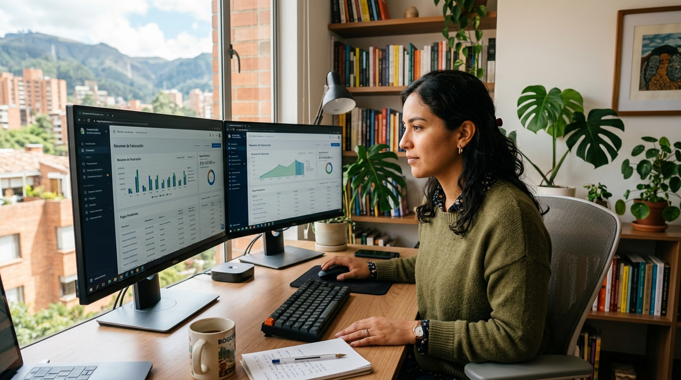 Nearshore virtual assistant biller reviewing invoicing dashboard on dual monitors in a Latin American home office