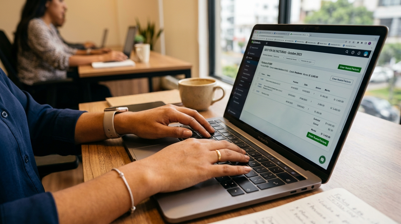 Virtual assistant biller entering invoice data into billing software on a laptop in a Latin American office
