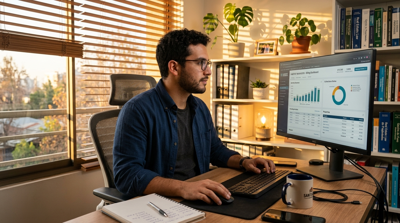 Virtual assistant biller reviewing AppFolio property management billing module on desktop screen in Latin American home office