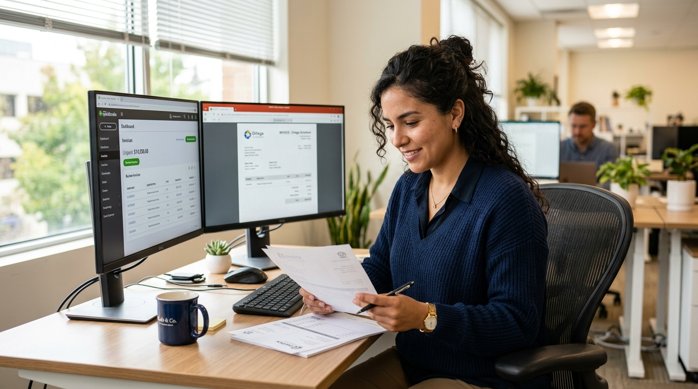 Nearshore virtual assistant reviewing billing invoices on QuickBooks in a bright Latin American home office