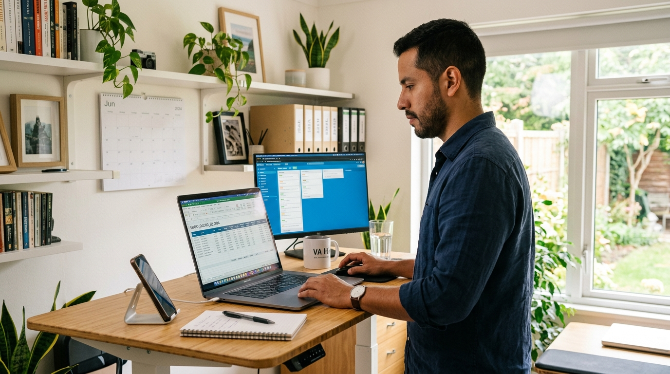 Latin American nearshore virtual assistant reviewing a billing spreadsheet on a laptop in a well-lit home office