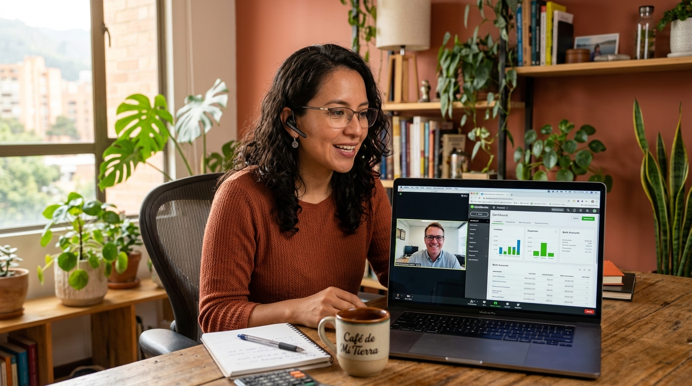 Nearshore virtual assistant on a video call with a US business client while reviewing QuickBooks billing data on screen
