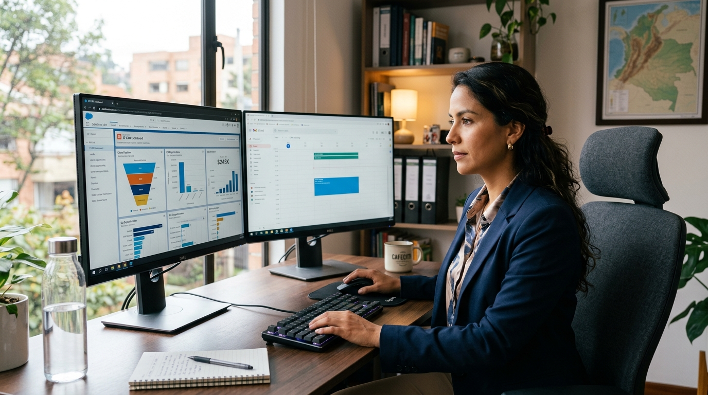 Latin American nearshore virtual assistant working at a dual-monitor desk setup, representing the virtual assistant business landscape in 2026