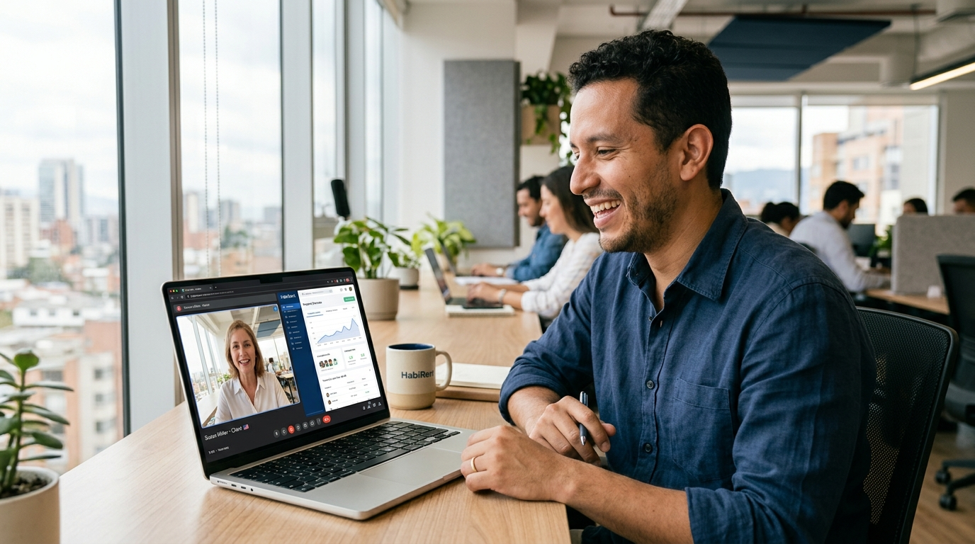 Nearshore virtual assistant from Latin America on a video call with a US business client in 2026, property management software visible