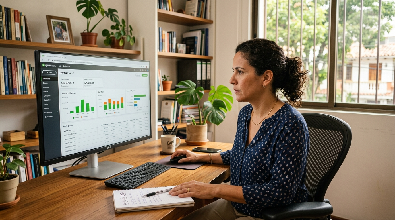 Latin American virtual assistant reviewing QuickBooks bookkeeping dashboard, representing nearshore VA roles in 2026