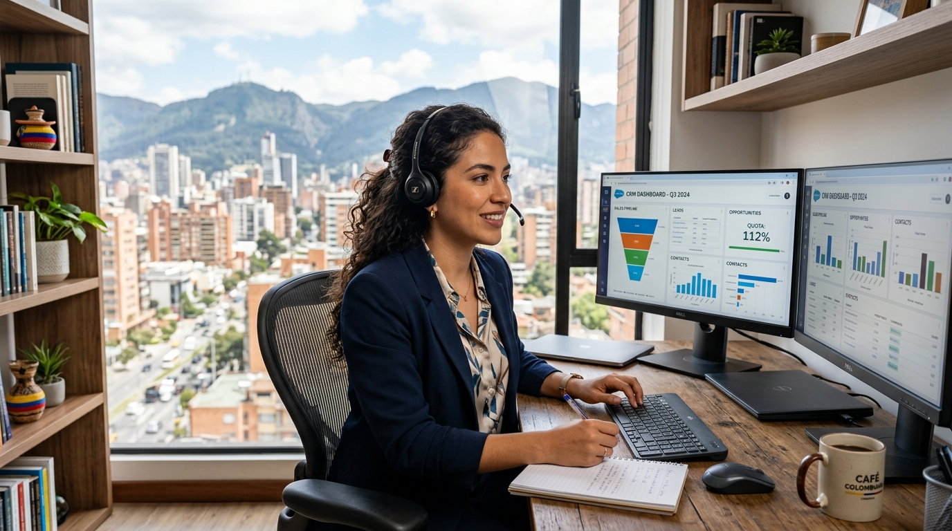 Colombian virtual assistant working at a modern home office with dual monitors, representing nearshore VA talent for US businesses in 2026