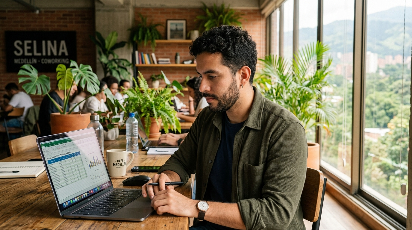 Colombian virtual assistant reviewing financial spreadsheets at a Medellín coworking space, illustrating nearshore VA work quality