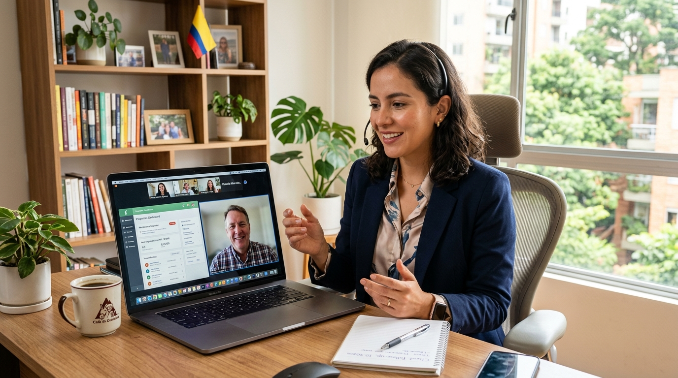 Colombian virtual assistant on video call with US client, using property management software — nearshore VA working US business hours