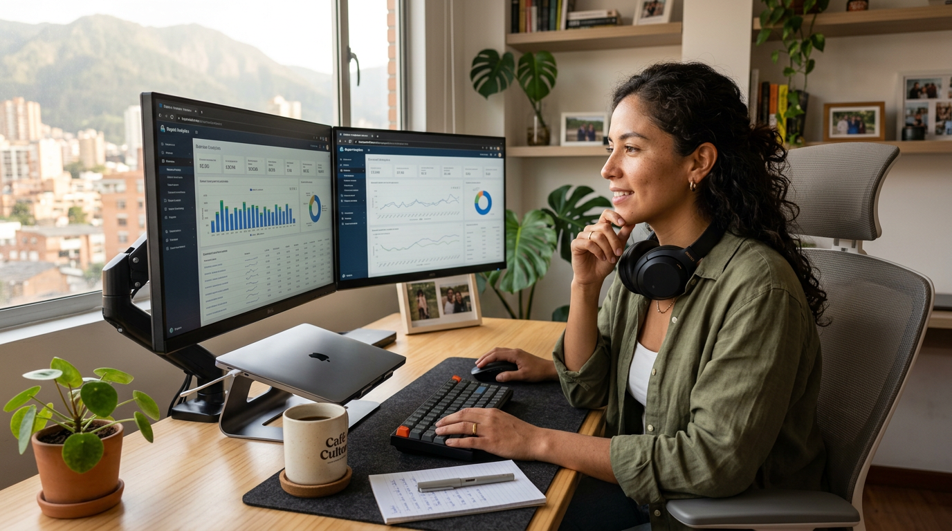 Latin American virtual assistant at a modern home office desk reviewing business dashboards for a growing US company