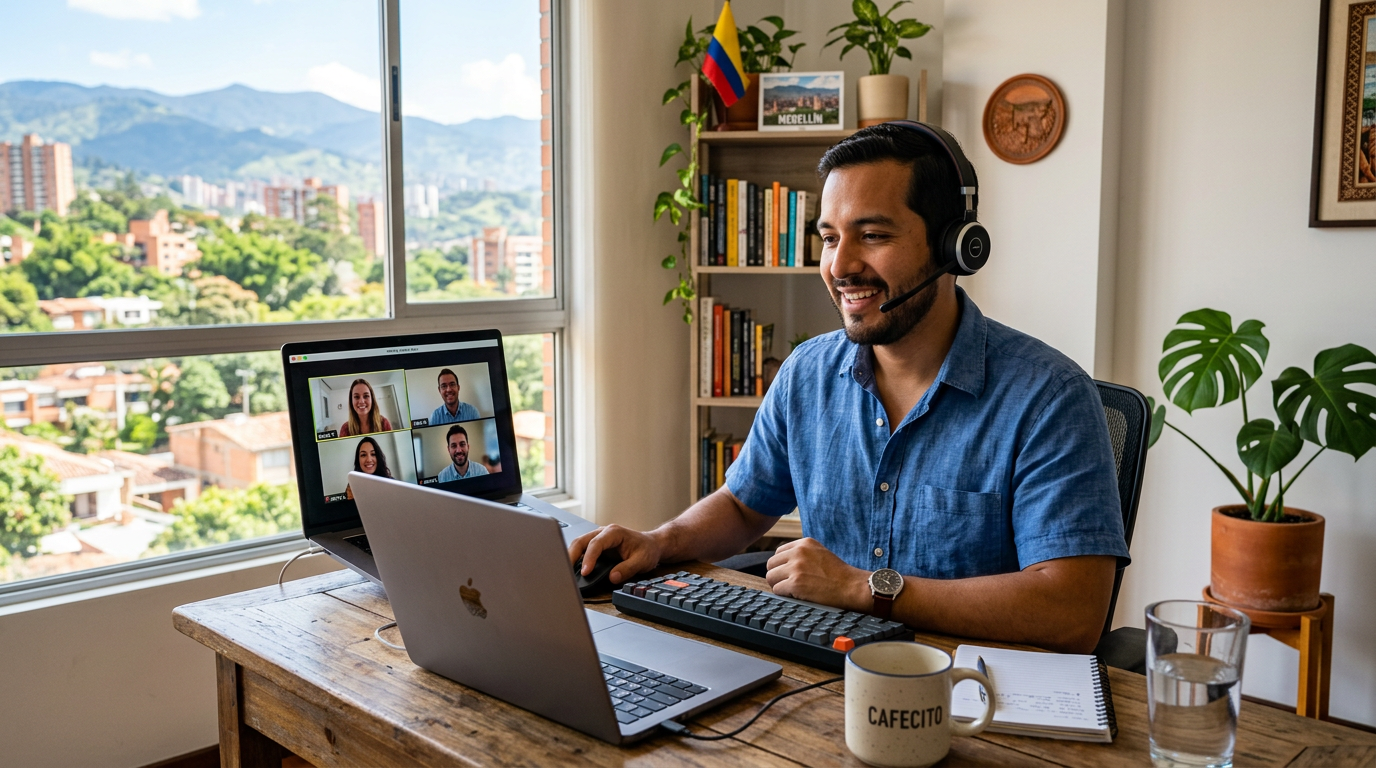 Nearshore virtual assistant in Medellín on a live video call with a growing US business team during shared business hours