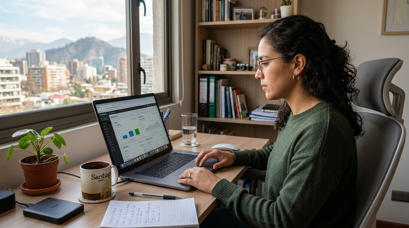 Nearshore bookkeeping virtual assistant reviewing QuickBooks data for a growing US business client from a home office in Latin America