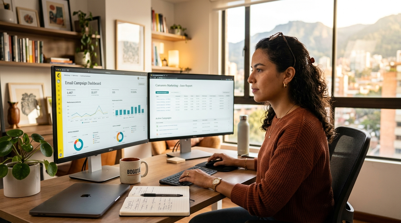 Nearshore virtual assistant managing email marketing campaigns on dual monitors in a modern Latin American home office