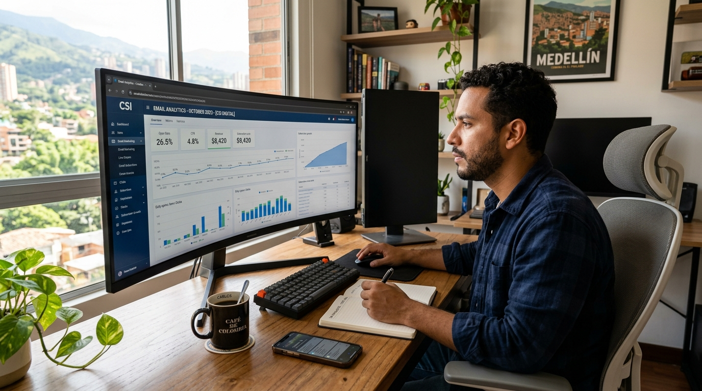 Nearshore email marketing virtual assistant reviewing campaign analytics and open rate data on a desktop monitor