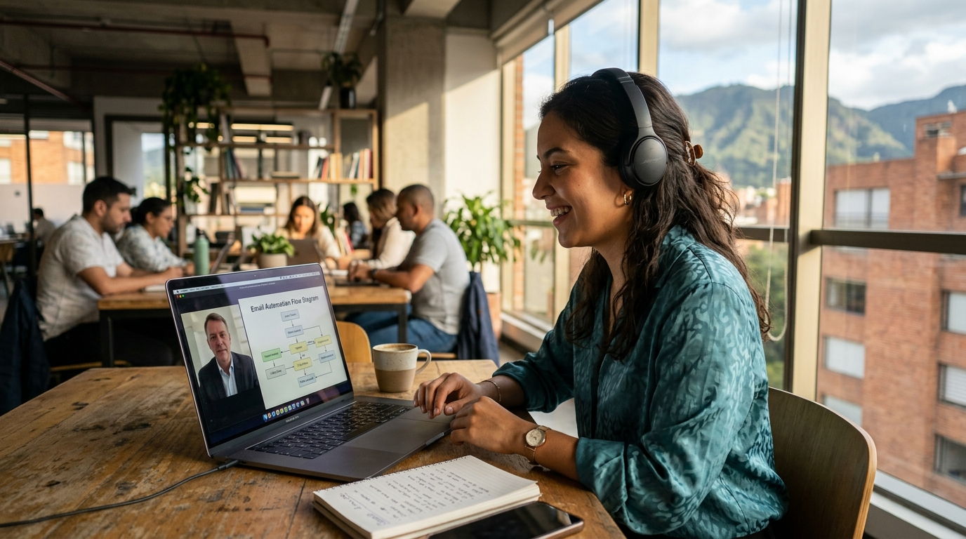 Nearshore email marketing virtual assistant on a video call reviewing an automated email sequence with a US business owner