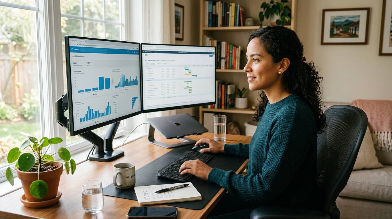 Latin American virtual assistant working at dual-monitor home office desk — virtual assistant firms placing nearshore talent in 2026