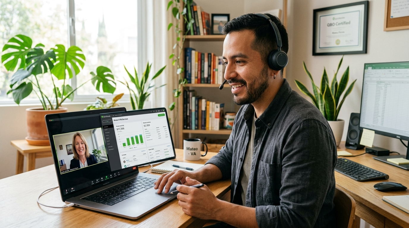 Nearshore virtual assistant on video call with US client, QuickBooks open — virtual assistant firms placing LATAM talent