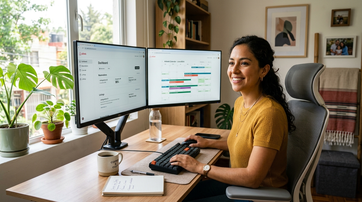 Nearshore virtual assistant for short term rentals managing Airbnb bookings and guest messages on dual monitors in a Latin American home office