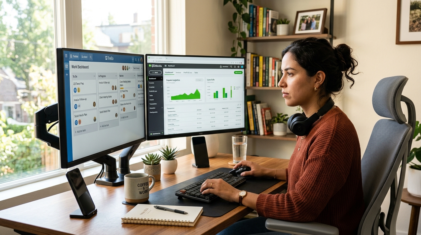 Latin American virtual assistant reviewing cost savings benchmarks on dual monitors showing QuickBooks dashboard in a bright home office
