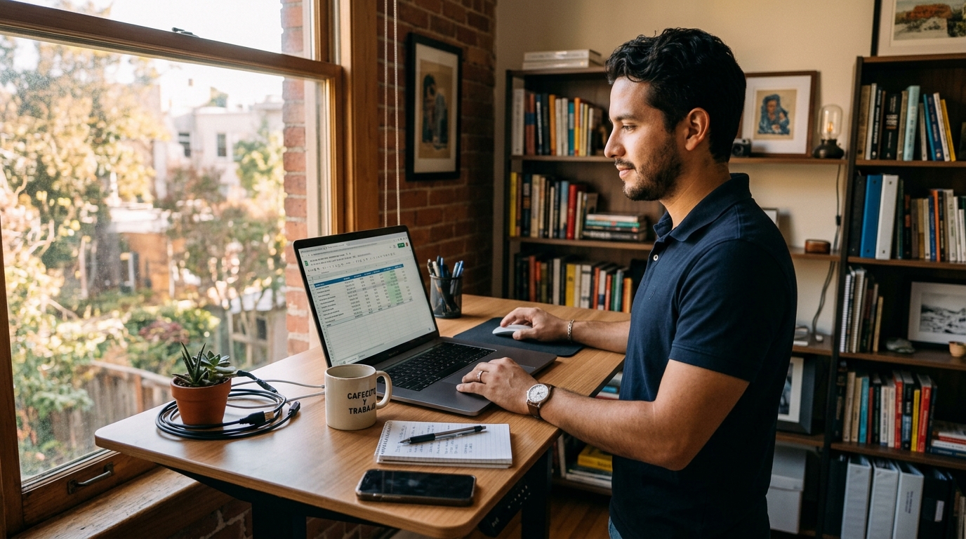 Nearshore virtual assistant reviewing virtual assistant cost savings benchmarks on a spreadsheet in a Latin American home office