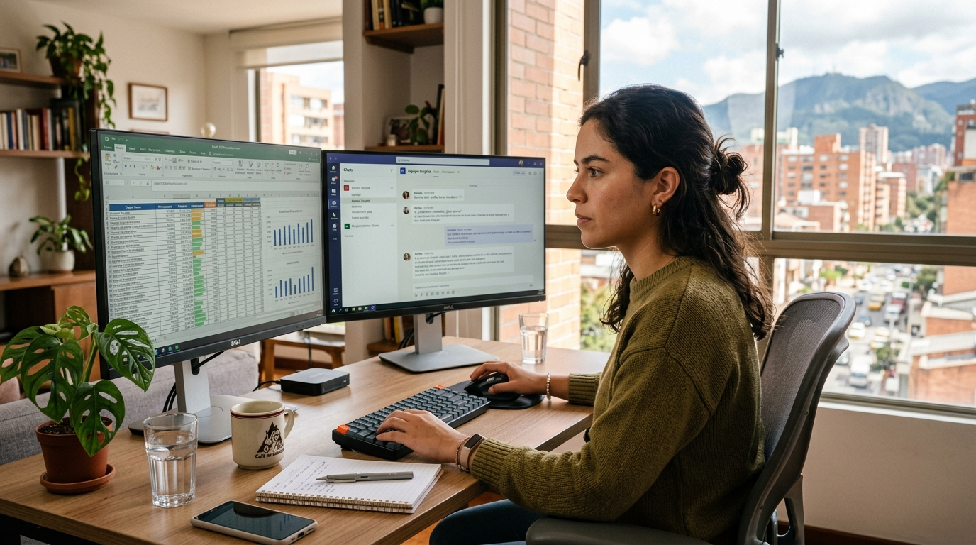 Nearshore virtual assistant comparing pricing models at a dual-monitor desk in Latin America, natural morning light