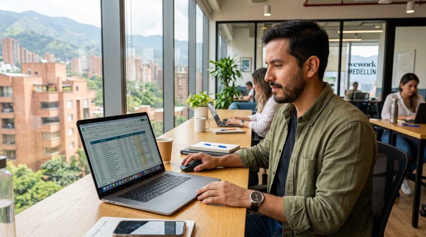 Virtual assistant reviewing pricing model comparison on laptop at a modern Latin American coworking space
