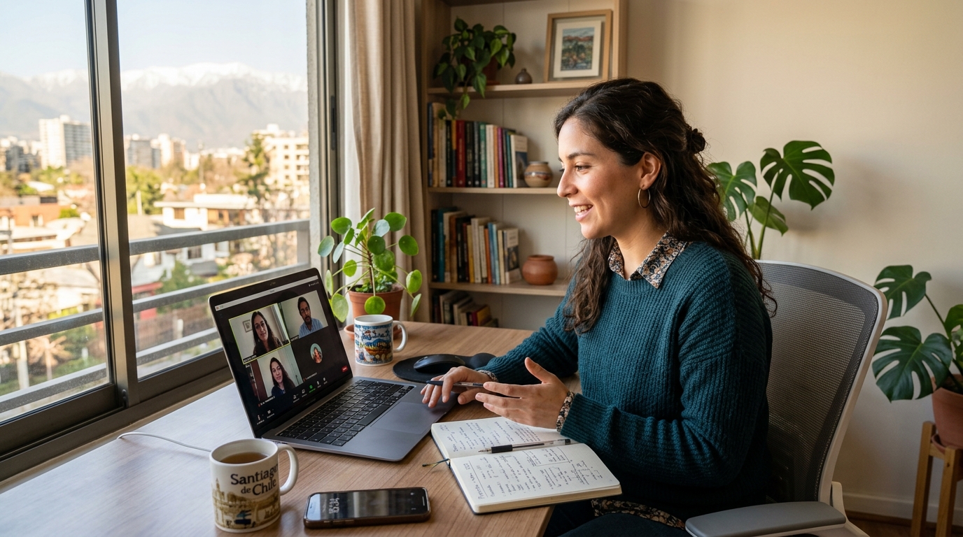 Nearshore flat-rate VA on a video call with US client, home office in Latin America, professional setting