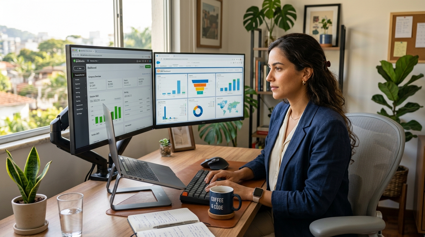 Latin American virtual assistant reviewing virtual assistant pricing packages on dual monitors showing QuickBooks and a CRM dashboard in a bright home office
