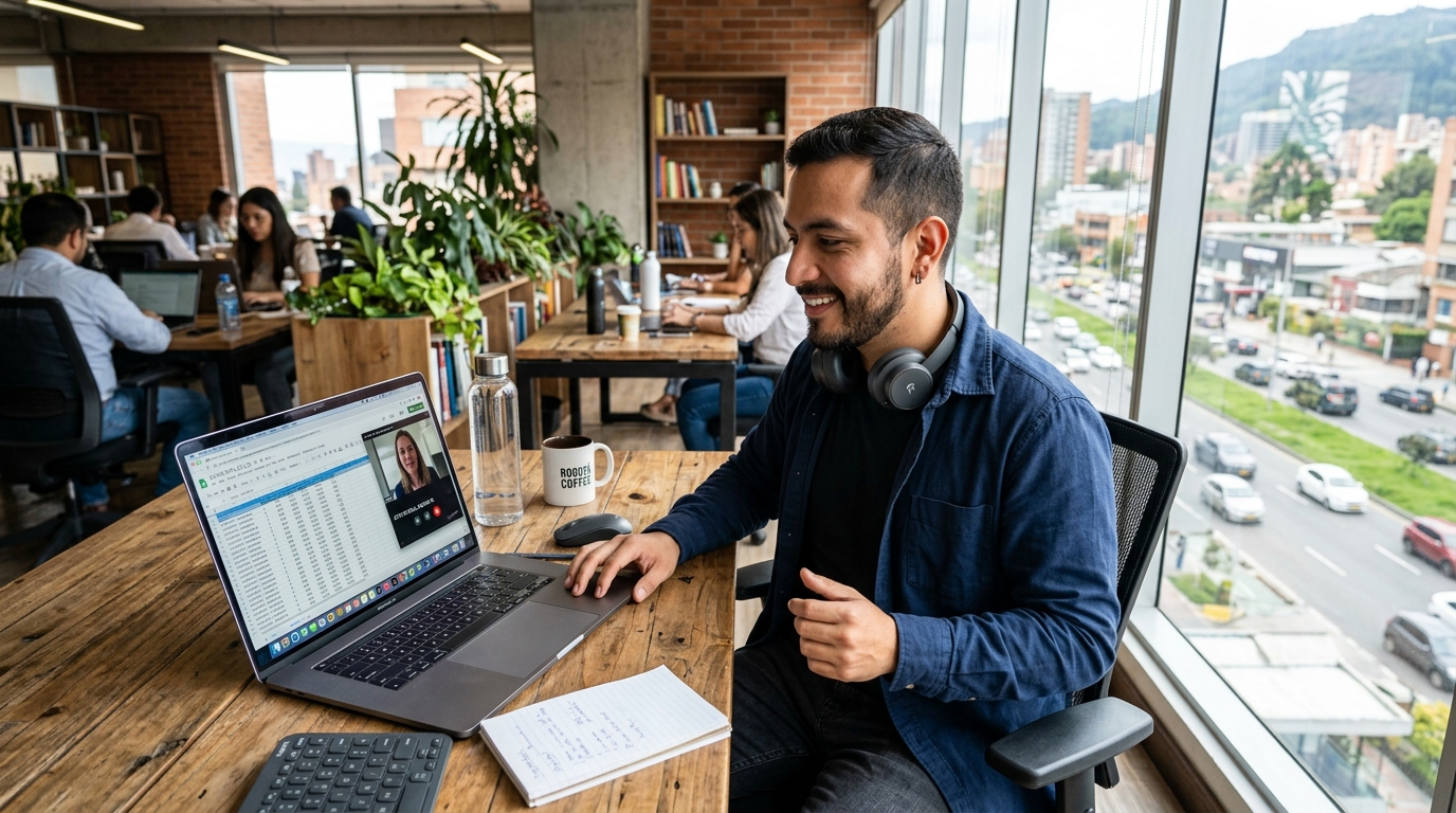 Latin American virtual assistant on video call with US client reviewing pricing package options on a laptop spreadsheet